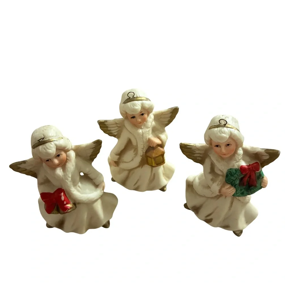 Vintage HOMCO Porcelain Angel Trio Christmas Ornaments 1960’s Ivory & Gold